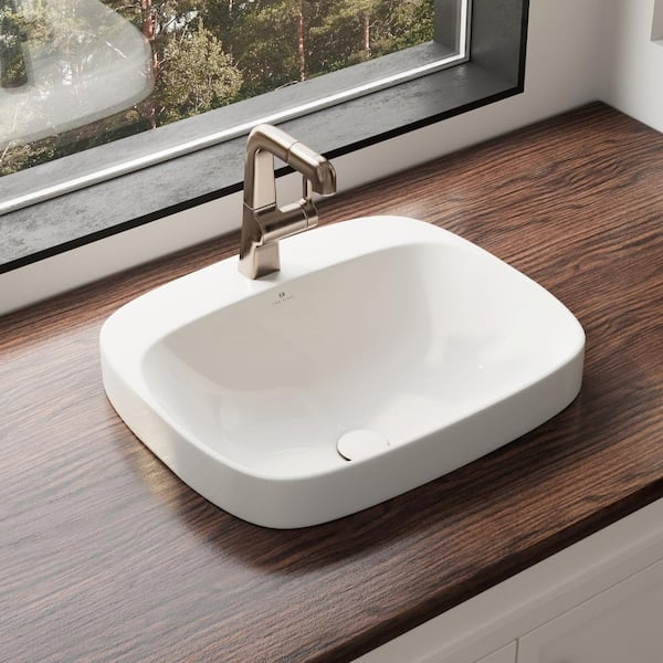 20 in. x 17 in. Drop-In Bathroom Sink with Faucet Hole, Semi Recessed Vessel Bathroom Sink in White, Drain Kit Included