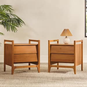 2-Drawer Caramel Solid Wood Modern Nightstand with Angled Drawers, Set of 2