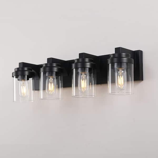 24 in. 4-Light Black Bathroom Vanity Light Fixture with Clear Glass Shades, No bulbs included