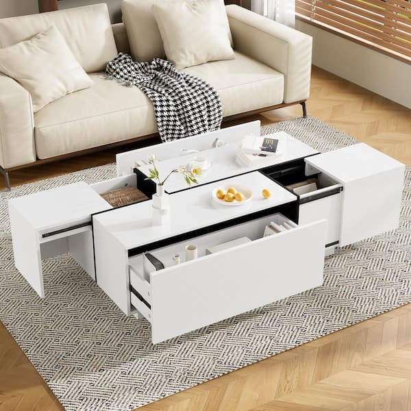 Modern High Gloss 47.2in.-72.7in. White Extendable Rectangle Wood Coffee Table with 2 Hidden Storage Space and 2 Drawers