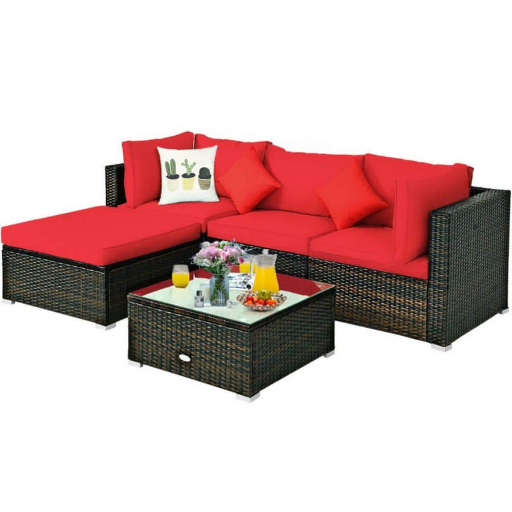5-Piece Red Cushioned Rattan Patio Furniture Set with Ottoman
