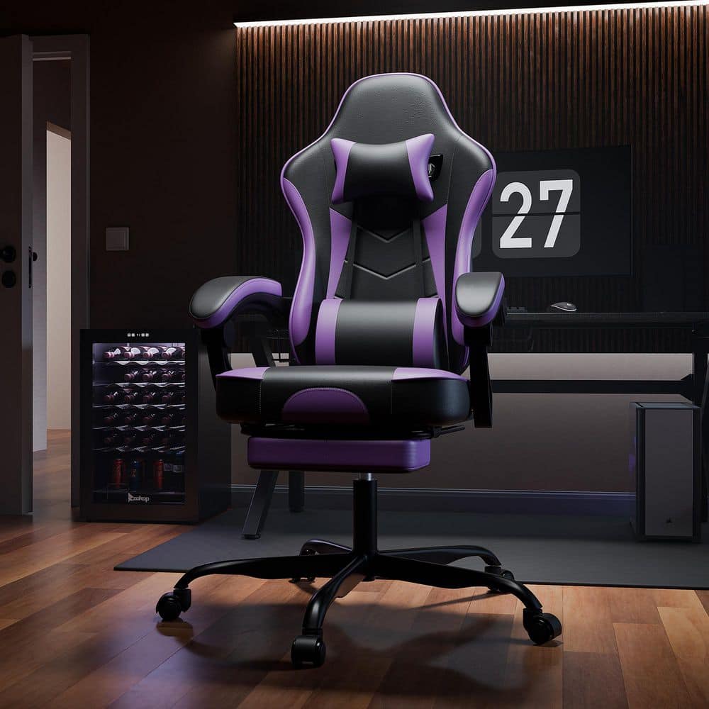 Faux Leather Ergonomic Adjustable Height Gaming Chair in Black+Purple Computer Chair with Lumbar Support, Footrest