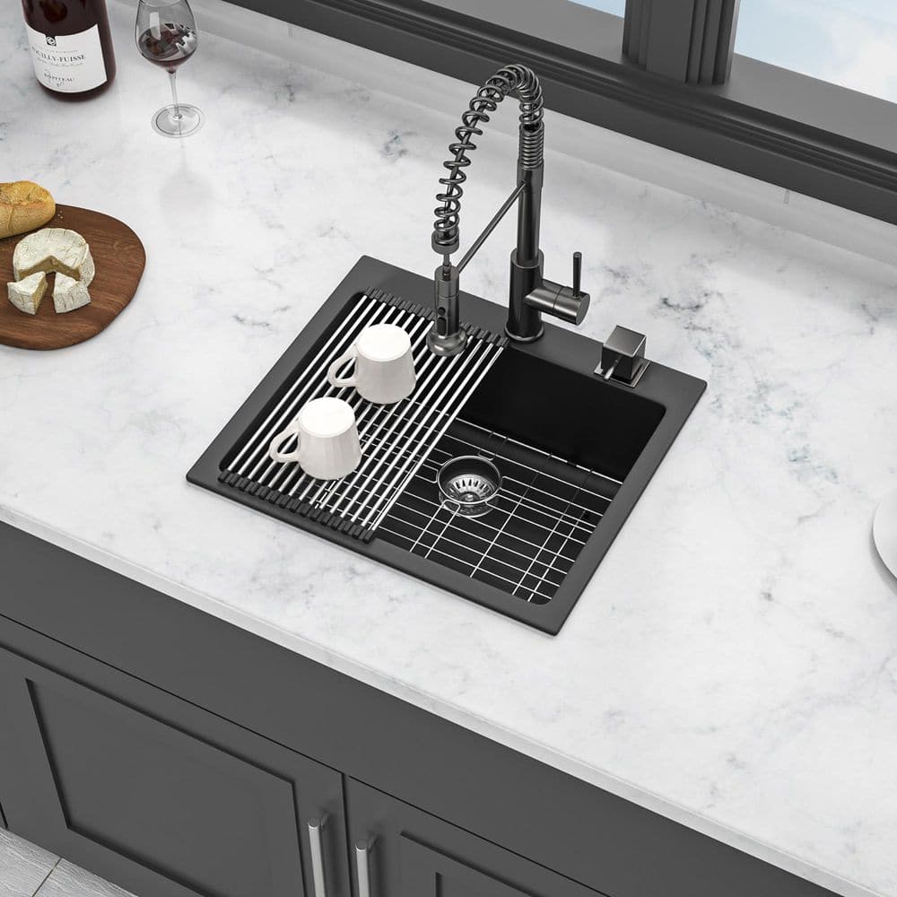 25 in. Drop-in Single Bowl Black Quartz Kitchen Sink with Bottom Grids