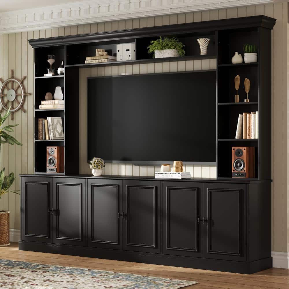 Black TV Stand Fits TV's up to 70 in. with Bookshelf, Adjustable Shelf, Console