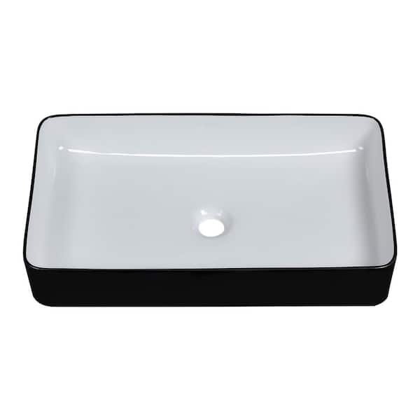 Sarlai 24 in. White Ceramic Rectangular Vessel Sink Bathroom Basin without Faucet, Black
