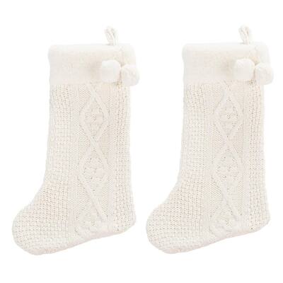 20 in. White Knitted Cotton Cookie Knit Christmas Stocking with Pom Pom Tassels (2-Pack)