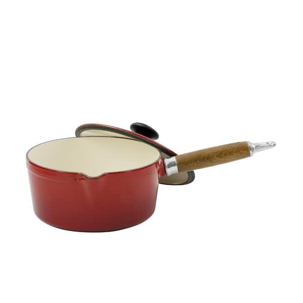 French Enameled 1.3 qt. Cast Iron Sauce Pan in Red with Lid
