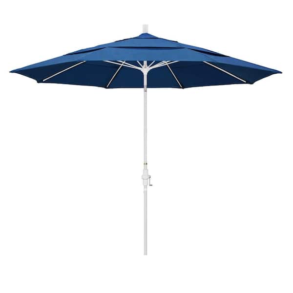 California Umbrella 11 ft. Matted White Aluminum Market Patio Umbrella with Collar Tilt Crank Lift in Regatta Sunbrella