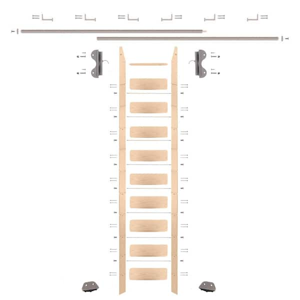 Quiet Glide 9.92 ft. Red Oak Library Ladder (11 ft. Reach) Satin Nickel Hook Hardware 12 ft. Rail and Horizontal Brackets