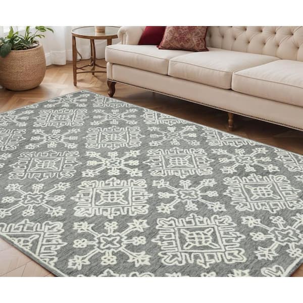 5 ft. x 7 ft. Gray and Beige Wool Oriental Hand Hooked Area Rug
