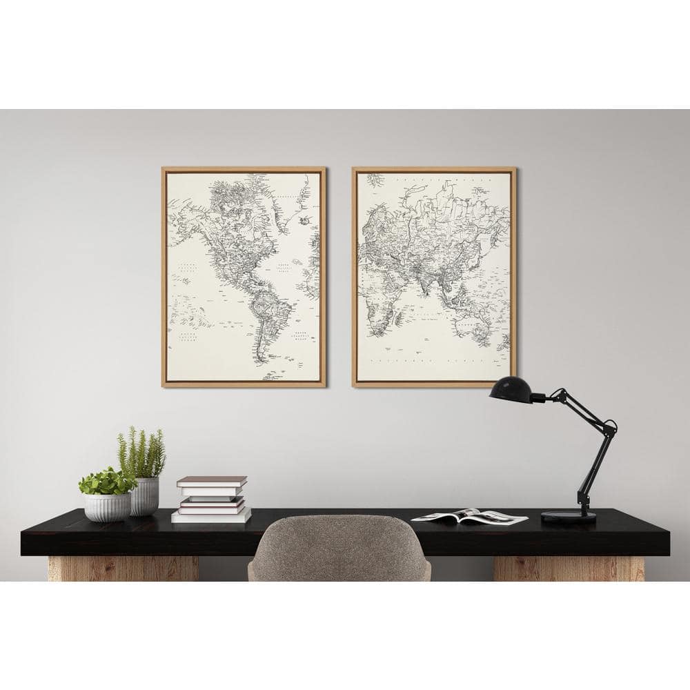 Black and White Modern Retro World Map Framed Canvas Set