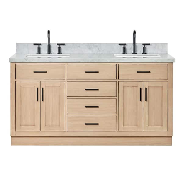 Hepburn 66 in. Double Sink Freestanding Bathroom Vanity in Oak with Carrara White Marble Top