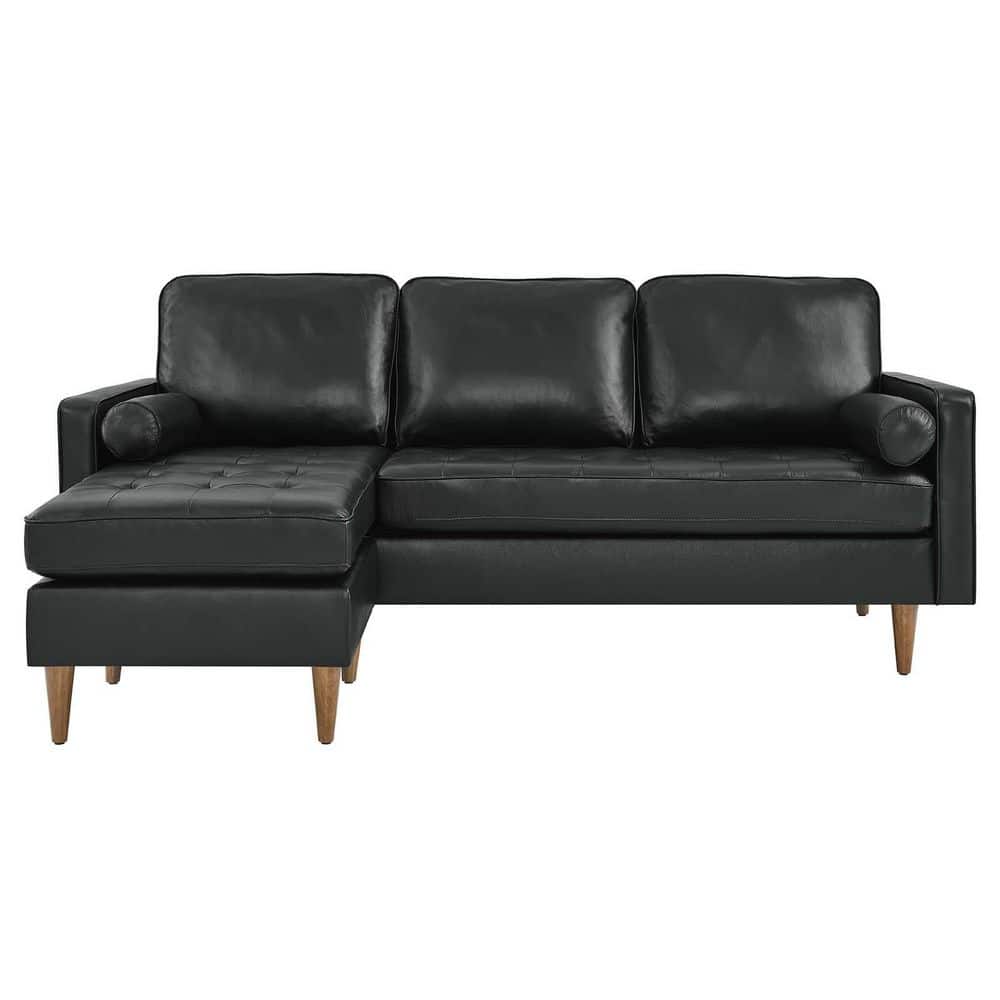 Valour 78" Black Genuine Leather Tufted Sectional Sofa with Ottoman