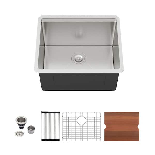 21 in. D x 19 in. W 19 Gallons Undermount Brushed Nickel Laundry/Utility Sink with Bottom Grids and Strainers