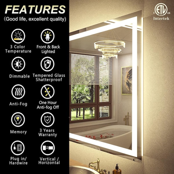 84 in. W x 40 in. H Large Rectangular Frameless Double LED Lights Anti-Fog Wall Bathroom Vanity Mirror in Tempered Glass
