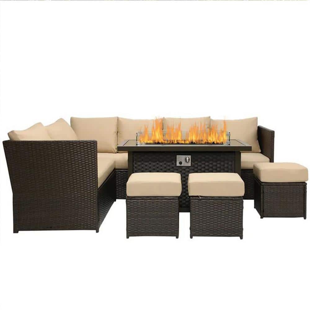 AECOJOY Brown 7Piece Wicker Outdoor Patio Fire Pit Set with Khaki