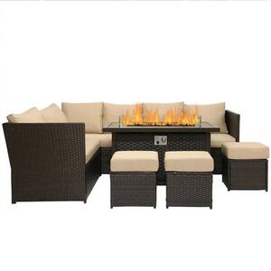 Brown 7-Piece Wicker Outdoor Patio Fire Pit Set with Khaki Cushions