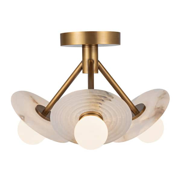 Dahlia 13 in. 1-Light 11-Watt Vintage Brass/Alabaster Integrated LED Semi-Flush Mount