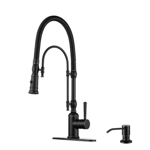 Single-Handle Deck-Mount Semi-Commercial Spring Pulldown Sprayer Kitchen Faucet with Soap Dispenser in Oil Rubbed Bronze