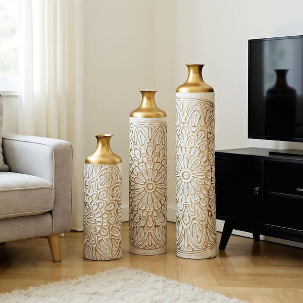 3-Piece Set Boho Floor Vase Decor, Golden White Metal Droplet-shaped Vase Set(H 24.4/29.1/33.1 in.)