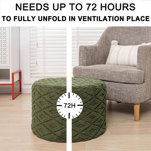 Green Furry Upholstered Round Ottoman Pouf Ultra-Plush Foam-Filled
