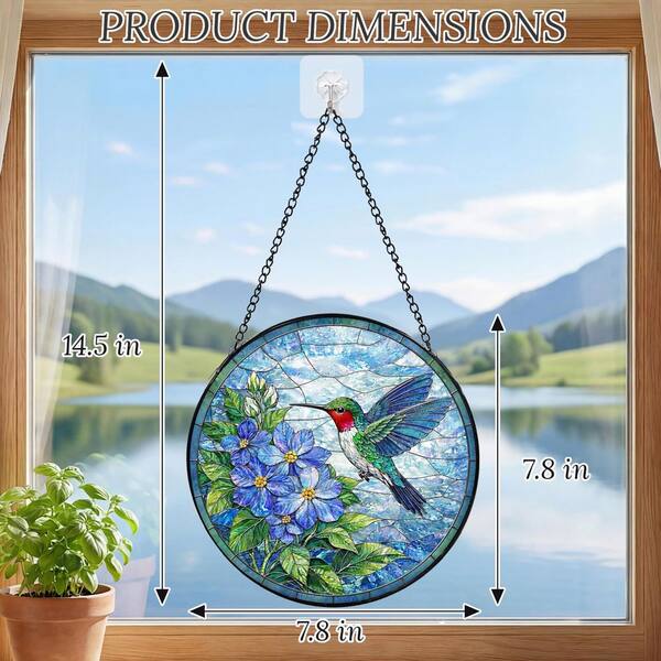 7.8 in. Hummingbird Blue Flowers Stained Glass Window Panel WK2589