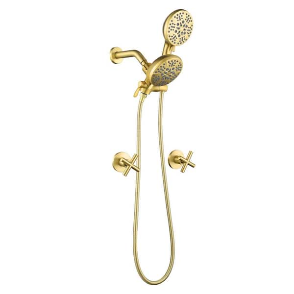 7-Spray Pattern 5 in. Wall Mount Fixed Shower Head and Handheld Showerhead 2.5 GPM  with Dual Handles in Brushed Gold