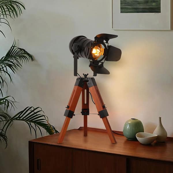 Zompoo 24 in. 1-Light Black Wood Adjustable Height Camera Tripod Table Lamp for Living Room with Rotate Metal Shade Foot Switch