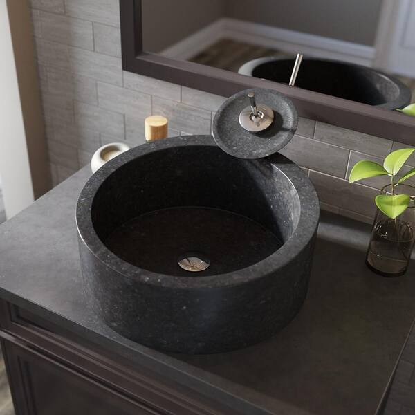 Mr Direct Stone Vessel Sink In Honed Basalt Black Granite With Waterfall Faucet And Pop Up Drain In Chrome 862 Swf C The Home Depot