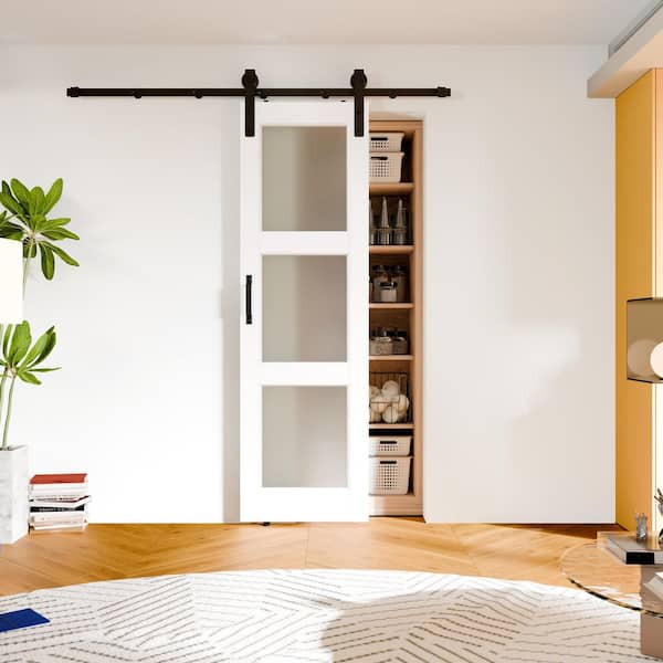 24 in. x 80 in. 3-Lite Frosted Glass Panel Solid Wood White Barn Door Slab with Full Barn Door Hardware Kit Set