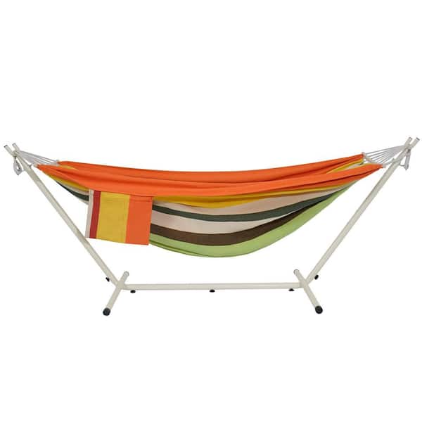 9 ft. 2 Person Heavy Duty Outdoor Hammock with Durable Steel Stand, Rope Bracket, Carring Bag, Orange Green