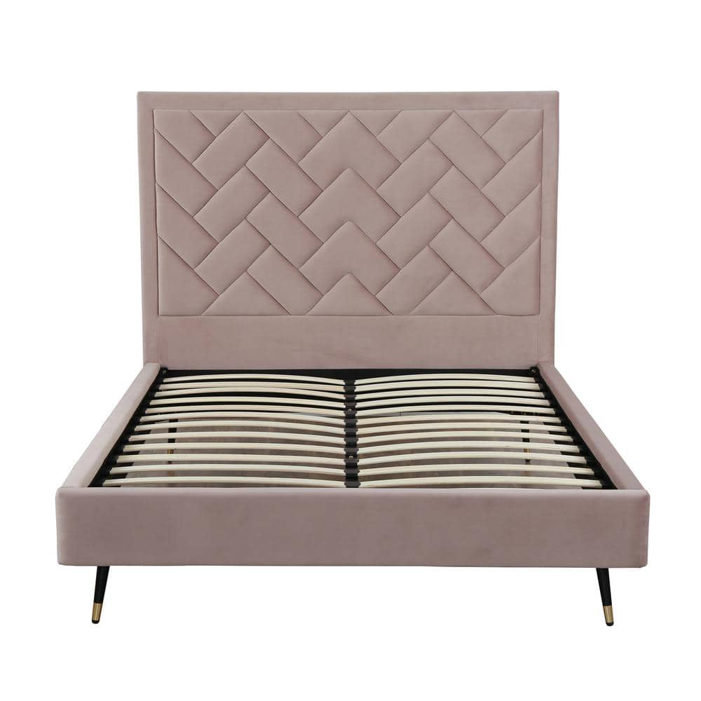 Blush Velvet Upholstered Queen Bed with Chevron Headboard