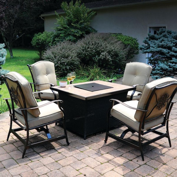 Hanover Traditions 5-Piece Aluminum Patio Fire Pit Set with Natural Oat ...