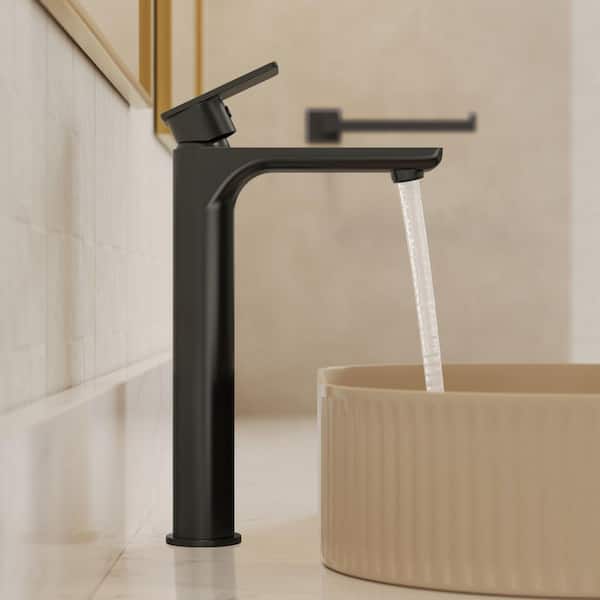 12 in. Faucet Height 1-Handle Single Hole Bathroom Vessel Sink Faucet in Matte Black with Pop-Up Drain (2-Pack)