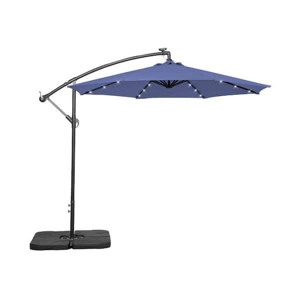 WESTIN OUTDOOR Bayshore 10 ft. Outdoor Patio Crank Lift LED Solar Powered Cantilever Umbrella with 4-Piece Base Weights in Navy Blue
