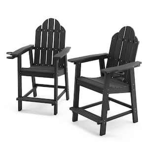 All Weather Plastic Composite Outdoor Bar Stool Adirondack Arm Chairs with Cup Holder-Black(set of 2)