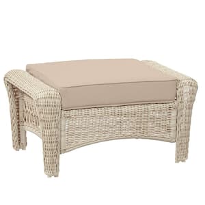 Park Meadows Off-White Wicker Outdoor Patio Ottoman with CushionGuard Putty Tan Cushion