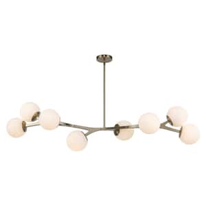 Rebel 8-Light Antique Gold Linear Kitchen Island Pendant Light Fixture with White Opal Glass Shades