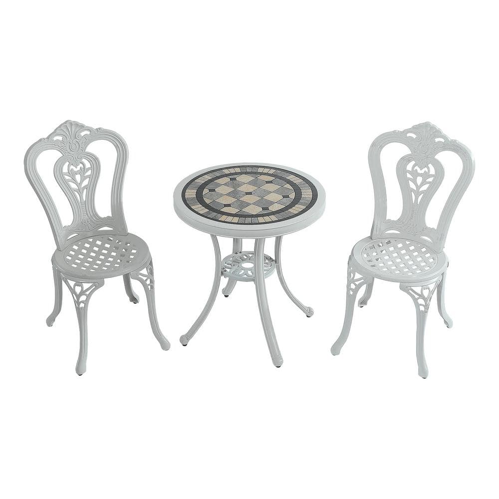 3-Piece White Cast Aluminum Round Ceramic Tiles Tabletop Table Outdoor Patio Bistro Set with 2-Armless Chairs