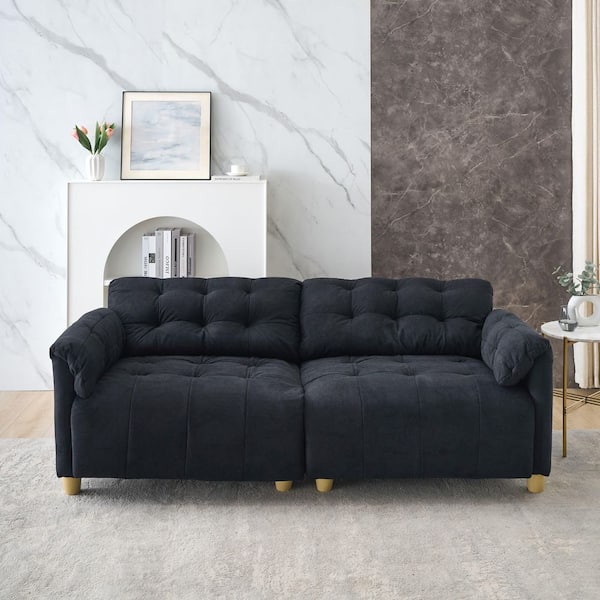 French Retro 83.1 in. W Black Fabric 2-Seater Loveseat with Storage