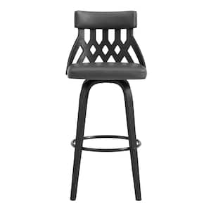 26 in. Grey Faux Leather Curved Back Walnut Wood Swivel Bar Stool