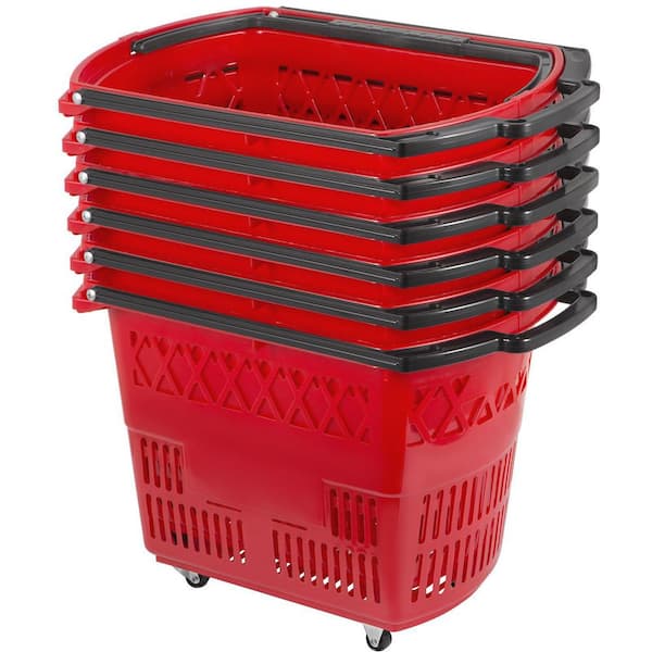 VEVOR 6pcs Shopping Carts, Plastic Rolling Shopping Basket with Wheels, Red Shopping Baskets with Handles, Portable Shopping Basket Set for Retail