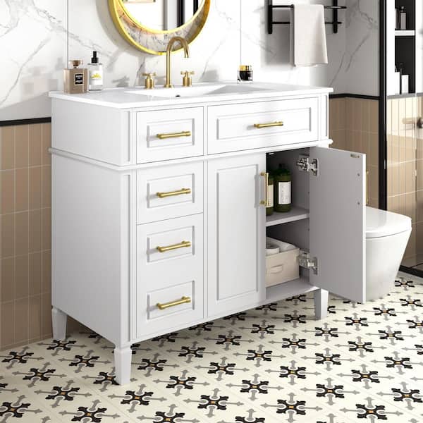 36 in. Single Sink Freestanding White Bath Vanity with White Ceramic Top, 4-Drawers, Adjustable Shelf, Soft-Close Hinges