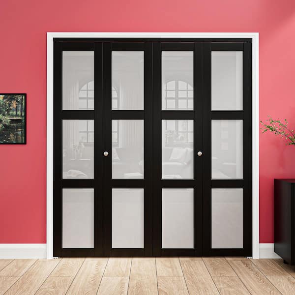 72 in. x 80 in. 3-Lite Frosted Glass Solid Core MDF Black Finished Glass Closet Bi-Fold Door with Hardware For Closet
