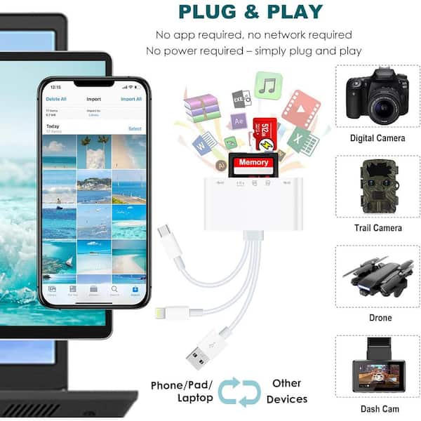 Vrbgify - 5 in 1-Universal Memory Card Reader SD/TF Card/USB Adapters Support SD/Micro SD/SDHC/SDXC/MMC Memory Cards Plug and Play