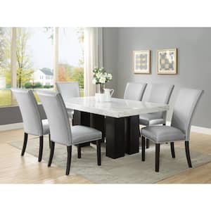 Camila White Marble 70 in. Rectangle Dining Set 7-Pieces with 6-Silver-Upholstered Side Chair