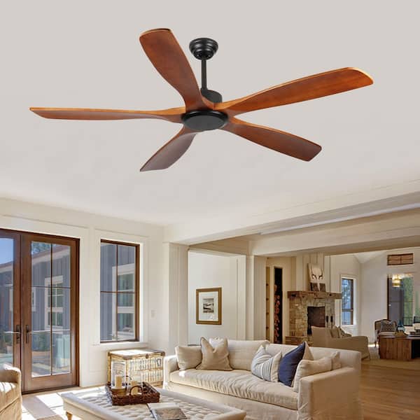60 in. Modern Black Noiseless Solid Wood Brown 5 Blades Downrod Mount Standard Ceiling Fan with 3 Downrods and Remote