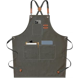 Grilling Aprons for Men Women with Large Pockets, Cotton Canvas Cross Back Adjustable Work Apron, Gray Green