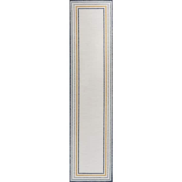 Pollux Classic Coastal Mitred Stripe Reversible Machine Washable Cream/Navy 2 ft. x 8 ft. Indoor/Outdoor Runner Rug