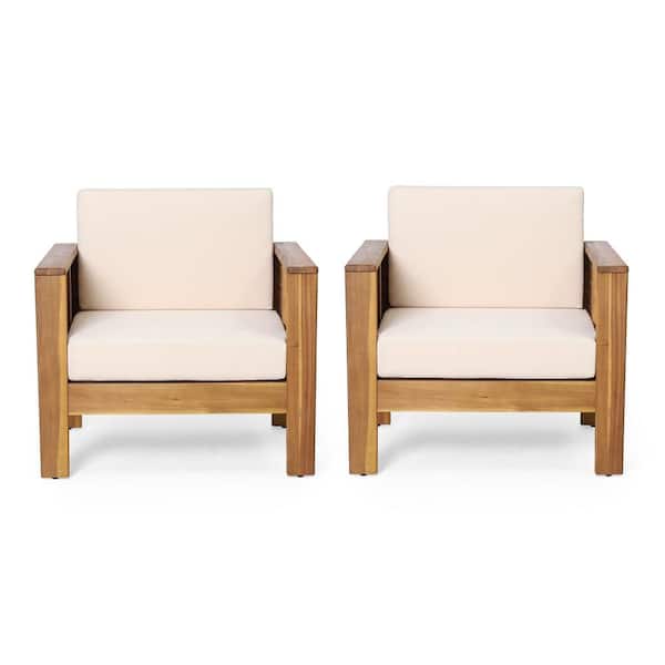 Coffey Teak Finish Acacia Wood Outdoor Patio Lounge Chairs with Beige Cushions, Set of 2